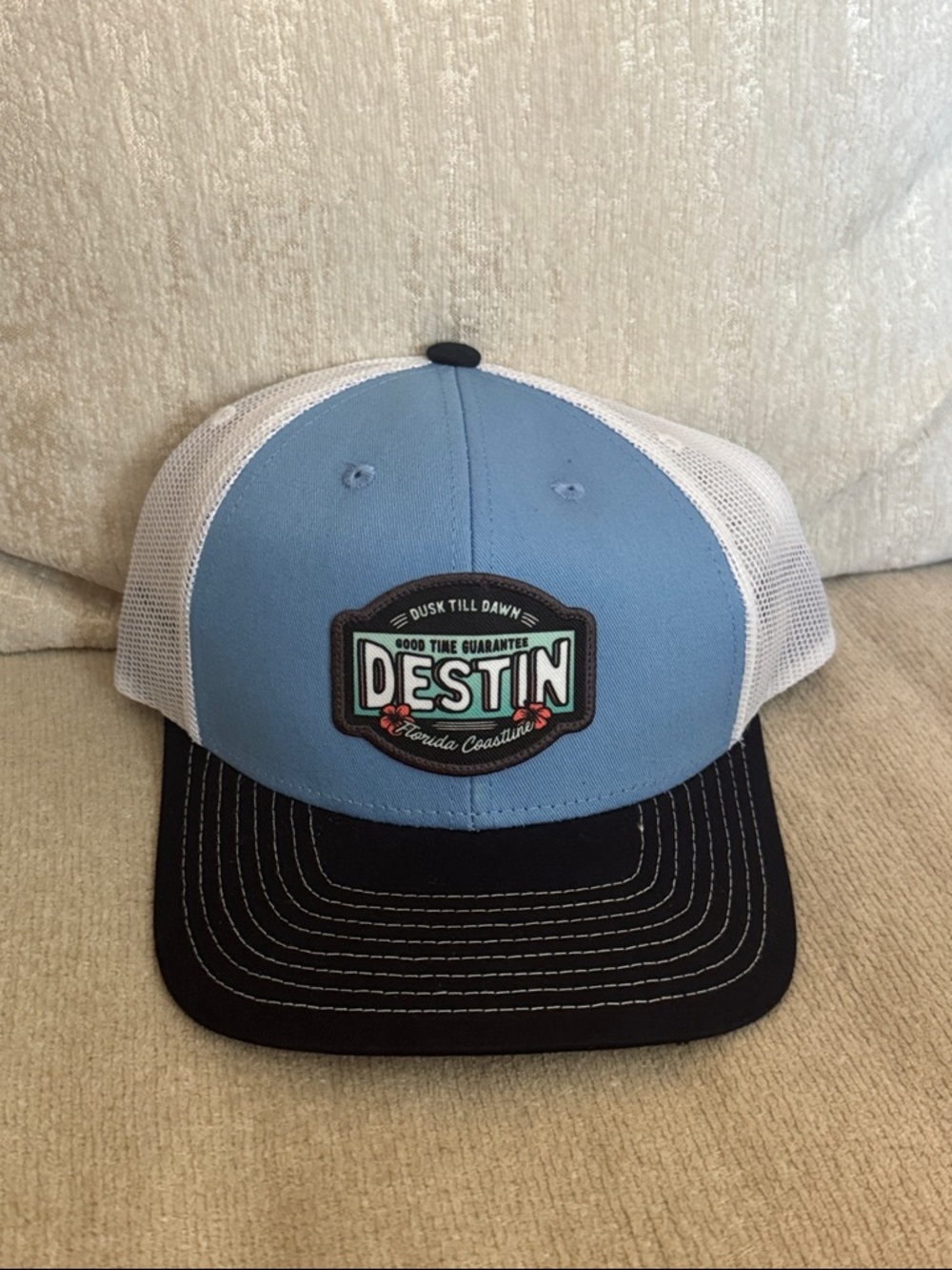 Destin Patch Trucker Hat in Light Blue, White & Black
